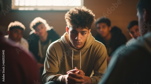 Anxious Hispanic Teen Boy Shares Bad News with Multiracial High School Classmates in a Circle Discussion
