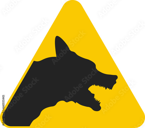 Isolated illustration sign beware of dog, mad dog caution, angry dog warning yellow label