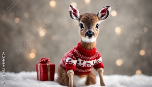 An adorable picture of a baby deer wearing a tiny holiday sweater, leaving room for a 'Deerly Beloved' message
