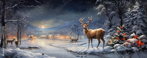 Christmas and New Year background with deer in the forest at night.