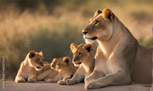 A lioness and her cubs are bathing in the bright sunlight in the middle of the African wilderness, emulating the strength of a strong family unit and the unbridled spirit of the wild.