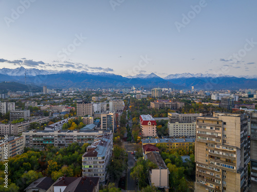View from a quadcopter of the central part of Almaty - the largest cultural and financial center of Kazakhstan