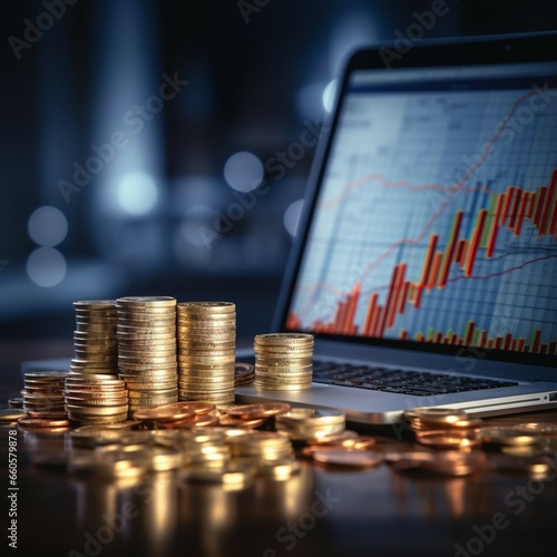 Financial investment concept Coins, laptop, trading graph, and a blue filtered backdrop