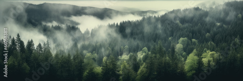 Mystical Black Forest Landscape - Amazing Rising Fog among the Trees in Schwarzwald, Germany. Panorama Banner with a Dark Mood