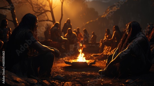 Native Americans around a bonfire - beautiful stock photo