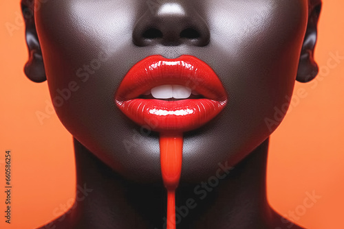 sexy lips with red lipstick, fashion makeup. Generative Ai