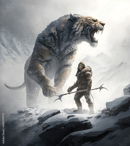huntervholding spear encounters sabertooth smilodon on snowy Mountaintop pass snowy peaks frost ice fog diffused light powerful athletic cinematic spectacular smooth sharp rendering 32k hyper 