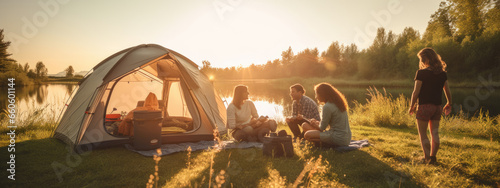 Group of friends with a tent vacationing in nature