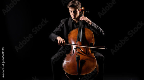 Man playing cello on black background