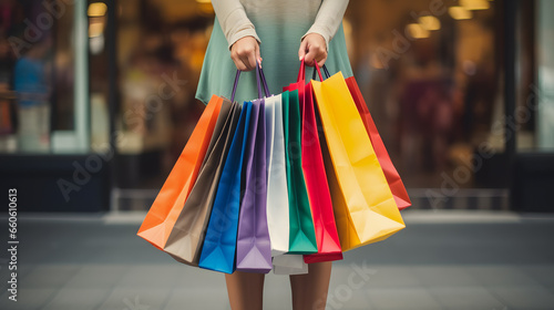 Gros plan sur les mains d'une femme avec plein de sacs pour des cadeaux pendant son shopping.