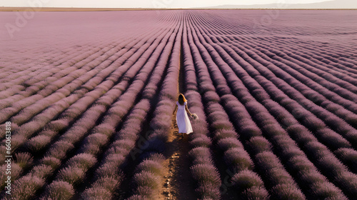 mujer atravesando campo de lavanda con un vestido blanco