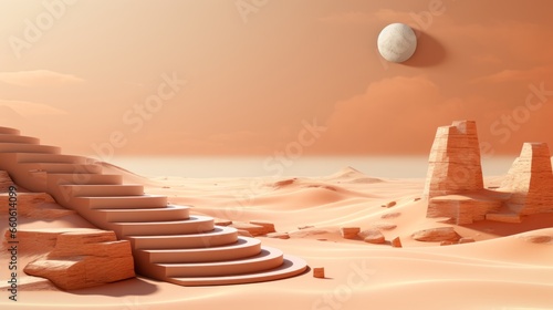 A vast desert landscape stretches endlessly under a fiery sky as a lone round step stands as a testament to resilience and determination