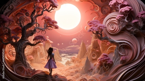 In a dreamy world of vibrant hues, an ethereal woman in a flowing pink dress gazes upon a magnificent moon, surrounded by delicate flowers, evoking a sense of otherworldly beauty