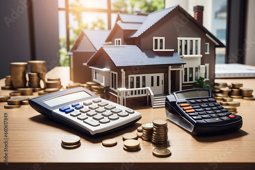 House model, coins and calculator on the table. Mortgage, real estate investments concept