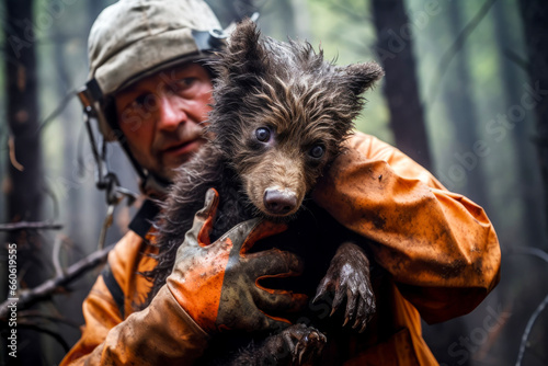 A firefighter or volunteer in a protective suit holds in his arms a bear cub