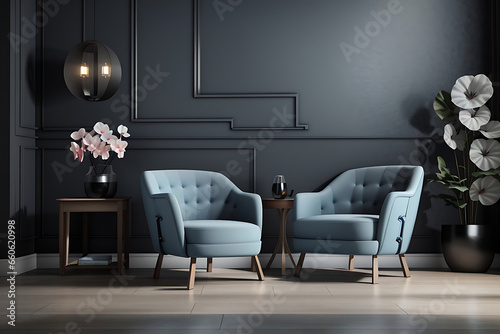 Cyclamen pink armchair in black interior room 3D Rendering