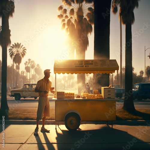 1978 photograph of Man selling hot dogs out of street cart vintage clothing apartment complex in background palm trees cinematic light Portra 400 film warm tones photo taken with contax 645 medium 