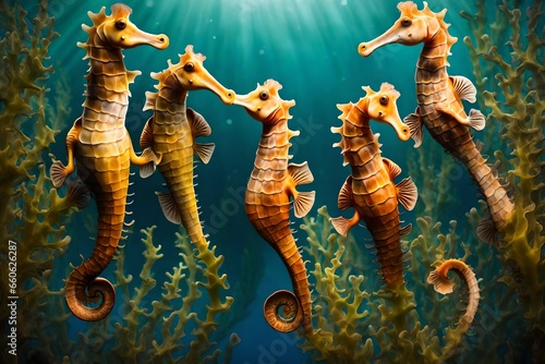 A group of seahorses holding onto seaweed.