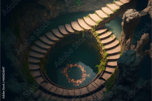 big stone staircase into a huge cenote sinkhole bird view unreal engine 8k 