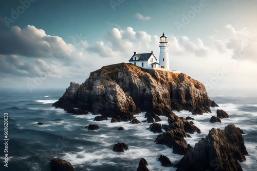 a white lighthouse on a rocky coastal cliff background.