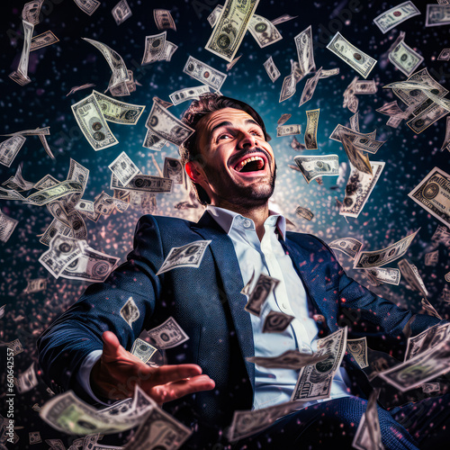 Businessman holding a pile of dollar bills symbolizing wealth success and financial prosperity