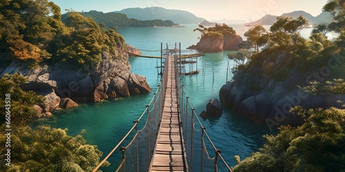 Suspension Bridge Between Islands with Ocean View