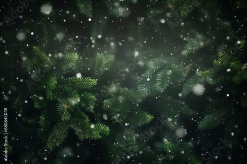 Christmas background of fir branches outdoors during snowfall