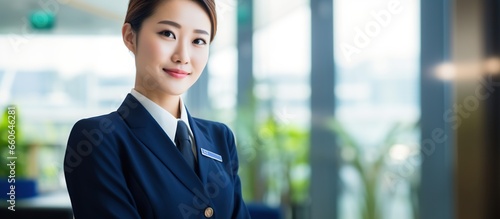 Smiling flight attendant in uniform looking at camera