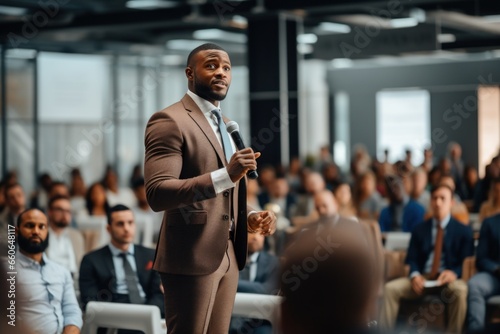 A black businessman making business presentation at a conference room