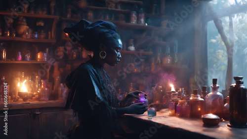 Ai generative image of a Caribbean herbalist inside her wooden cabin in a magical environment with potion bottles and jars. 