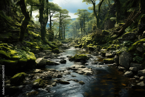A hidden glen in the Scottish Highlands, where the legend of the Loch Ness Monster endures. Generative Ai.