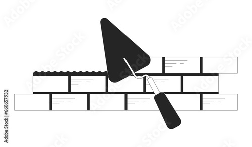 Bricks laying with trowel black and white 2D line cartoon object. Brick wall build. Brickwork construction isolated vector outline item. Homebuilding site monochromatic flat spot illustration
