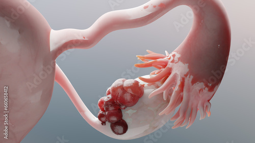 Ovarian malignant tumor, Female uterus anatomy, Reproductive system, cancer cells, ovaries cysts, cervical cancer, growing cells, gynecological disease, metastasis cancerous, duplicating, 3d render