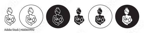 Breastfeeding icon set. baby feed mother milk vector symbol in black filled and outlined style.