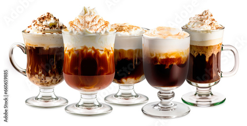 Set of Irish Coffee cocktails with whipped cream, brewed coffee and Irish whiskey