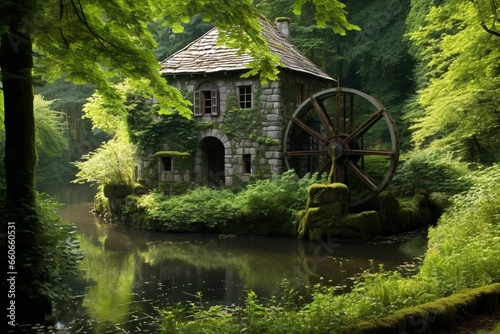 Scenic house by waterwheel in nature's beauty. Generative AI