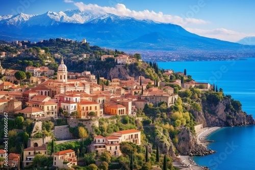 Aerial view of Taormina, Sicily with Mount Etna in the background. Beautiful spring scenery of the Mediterranean Sea. Generative AI