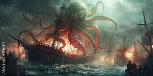 Giant Kraken Octopus Attack Pirate Ship with Thunderstorm Background. Cthulhu Illustration