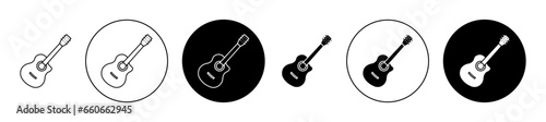 Acoustic guitar icon set. concert music guitar vector symbol in black filled and outlined style.