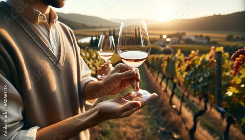Individuals holding wine glasses, examining the color and aroma of the wine in a vineyard setting.