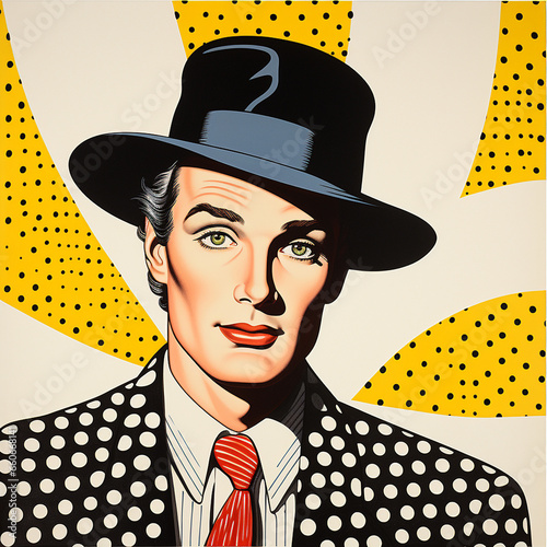 Comic book style man with hat wearing polka dot suit jacket