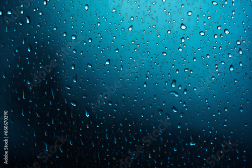 Rain background. Abstract blue background texture. Rain water drops on the window or in shower stall. Blue tone. Abstract textured rain wallpaper or banner. 