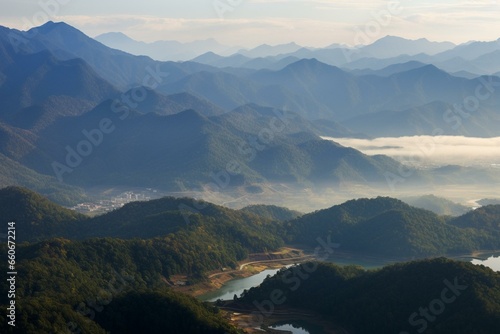 Scenic sight of mountains around Hadong gliding field. Generative AI