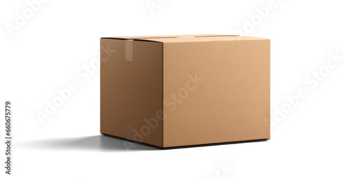 empty closed cardboard box mockup, png file of isolated cutout object with shadow on transparent background.