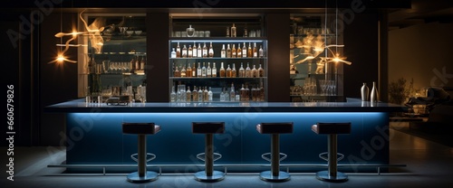 A sleek modern bar counter with high stools, the backlit shelves offering ample space for drink recipes or branding.