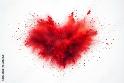 Red heart explosion in powder on white background, freeze motion shape. Creative idea for Valentine's Day card. Generative AI