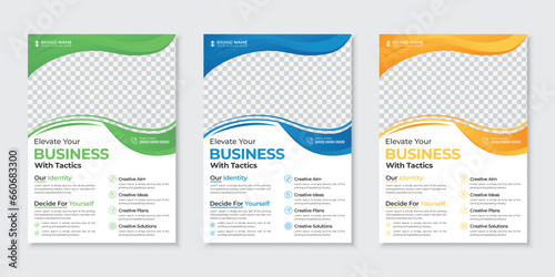 Business corporate flyer template design with trendy creative colorful wavy shapes, multipurpose marketing advertising poster magazine publication cover ads set, half page editable one sided A4 flyer