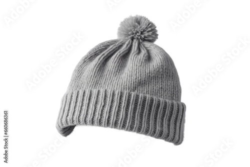 gray warm winter hat with pompom, png file of isolated cutout object with shadow on transparent background.