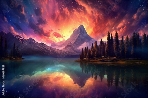 Mesmerizing natural phenomena, colorful skies above majestic mountains and a serene lake. Generative AI