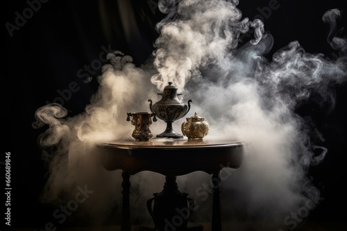 Image of fog and smoke on a table with a black dark background, creating a Halloween backdrop. Generative AI